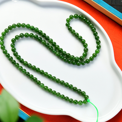 天然和田玉碧玉项链6mm佛珠菠菜绿长链挂件料绿色阳绿无矿点男女