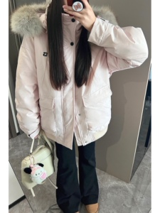 粉色大毛领工装派克羽绒棉服女冬季韩系高级感小个子加厚连帽外套