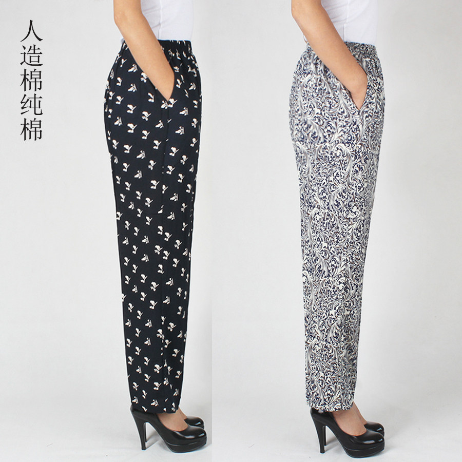 夏季中老年纯棉女裤外穿棉绸休闲裤加肥加大码人造棉长裤绵绸睡裤
