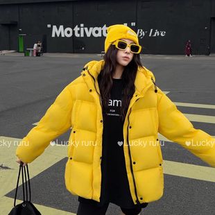 欧版 2025冬新洋气加厚保暖白鸭绒外套 泡芙连帽面包羽绒服女中长款