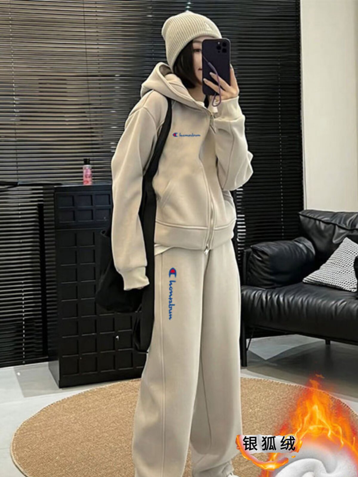 가을 겨울 여성을 위한 귀여운 챔피언 캐주얼 스포츠 슈트 패셔너블하고 벨벳 후드 티셔츠 와이드 팬츠 투피스 세트