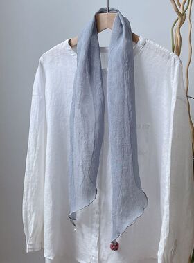 文艺高品质100%纯亚麻长条窄版小围巾女夏季轻薄透气飘带领巾纱巾