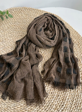 做旧复古染格子纯色拼围巾文艺百搭护颈丝巾春夏出游挡风保暖披肩