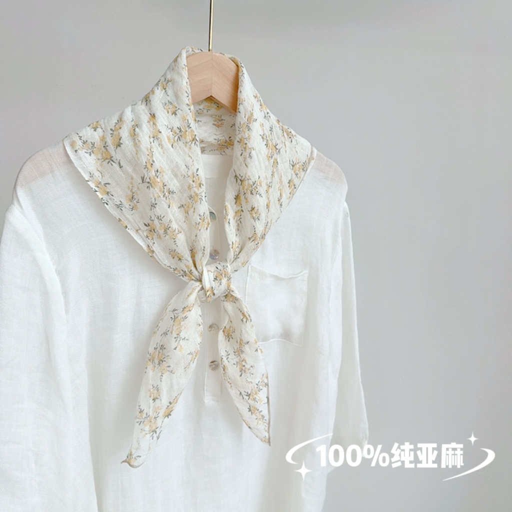 新款百搭印花亚麻小方巾薄款透气女士春秋夏季护颈小丝巾领巾配饰