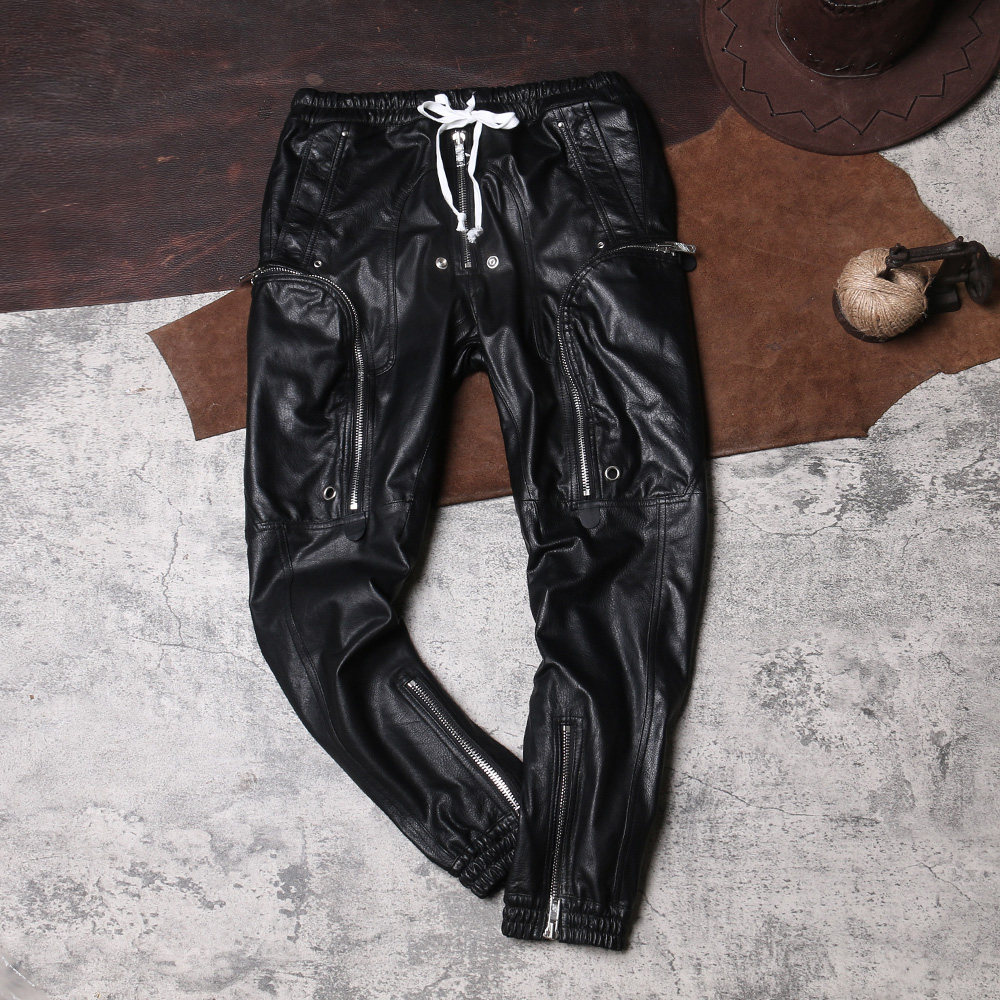 ro暗黑高街山羊皮机车皮裤 男女同款真皮国潮机能工装束脚炮弹裤