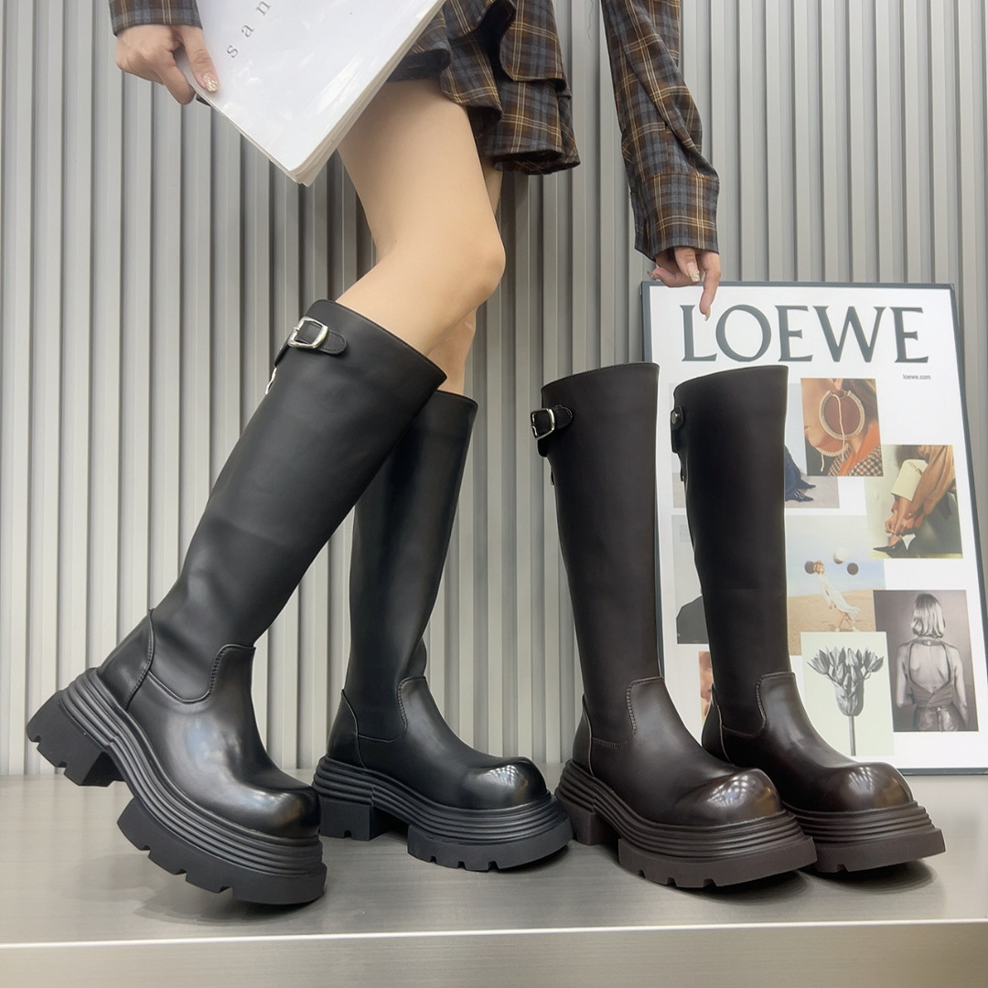 2025年新款厚底粗跟增高后拉链长靴女冬季大头靴百搭长筒靴女