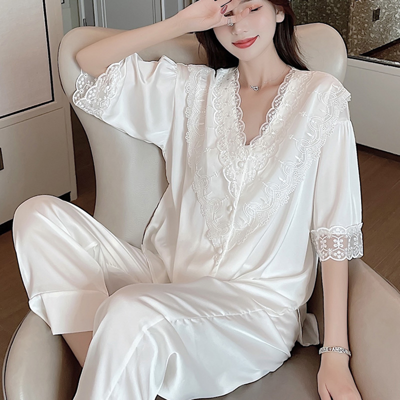 男友家睡衣女夏季真丝绸2025年新款高级感蕾丝白色短袖长裤家居服