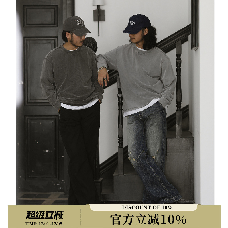 全棉软糯indigo水洗铜氨丝质感复古长袖打底T恤 MBBCAR窄幅