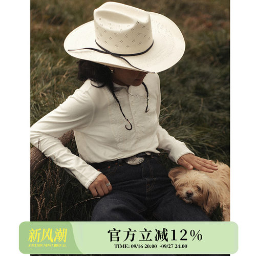 西部女士汉麻混纺绣花Bib-front胸襟手工压褶亨利衫MBBCAR窄幅