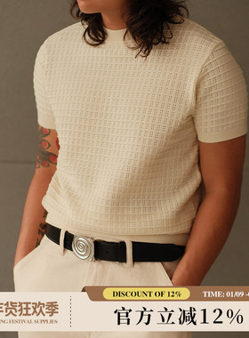 270G加密镂空老钱米白圆领复古绅士Rugged短袖针织衫 MBBCAR窄幅