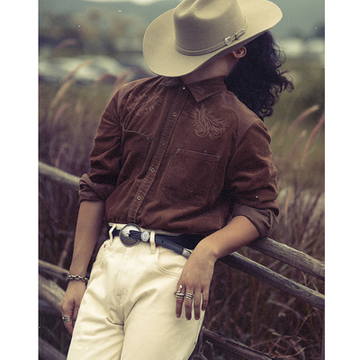 西部系列唐草花绣花玉米灯芯绒美式复古西部长袖衬衫 MBBCAR窄幅