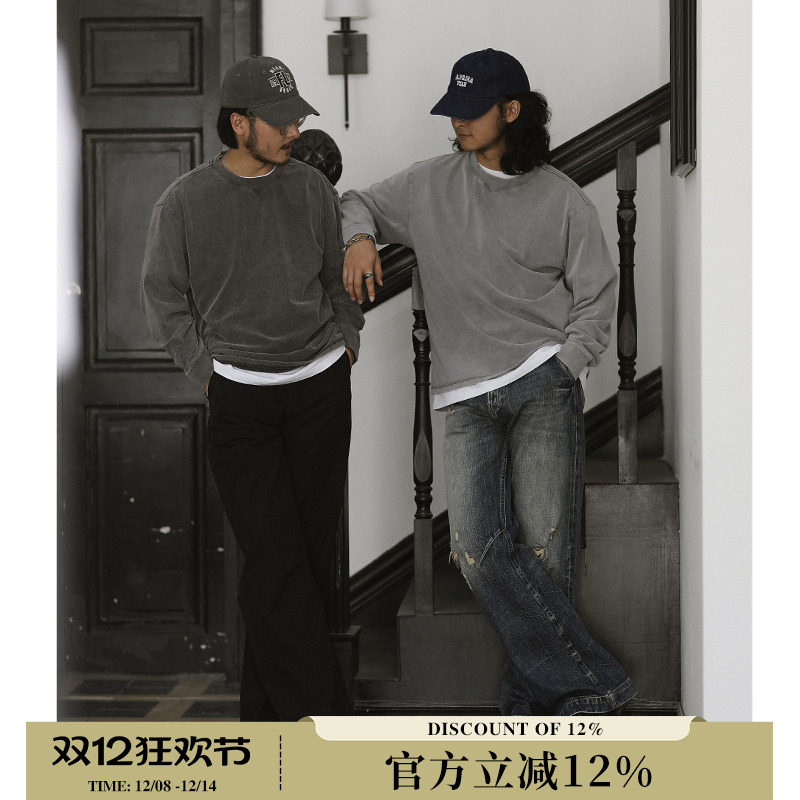 全棉软糯indigo水洗铜氨丝质感复古长袖打底T恤 MBBCAR窄幅