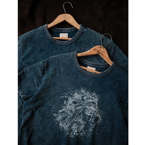 靛蓝竹节花纱印第安西部水洗做旧200克针织牛仔短袖T恤MBBCAR窄幅