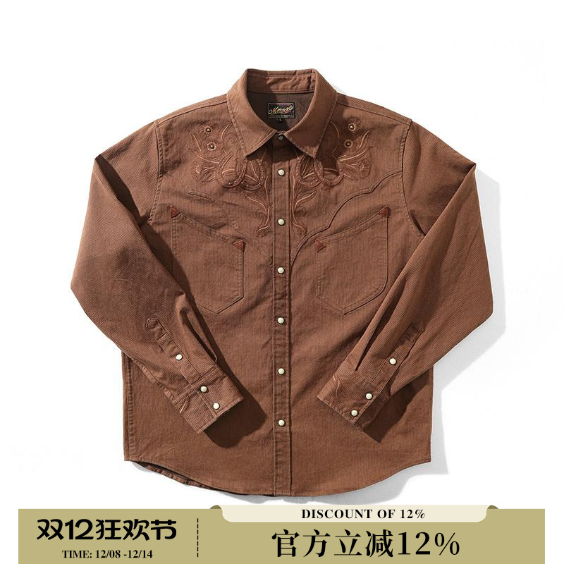 窄幅美式复古刺绣灯芯绒长袖衬衫