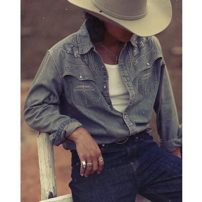 西部系列“赌徒”绣花水洗丹宁美式复古西部长袖衬衫 MBBCAR窄幅