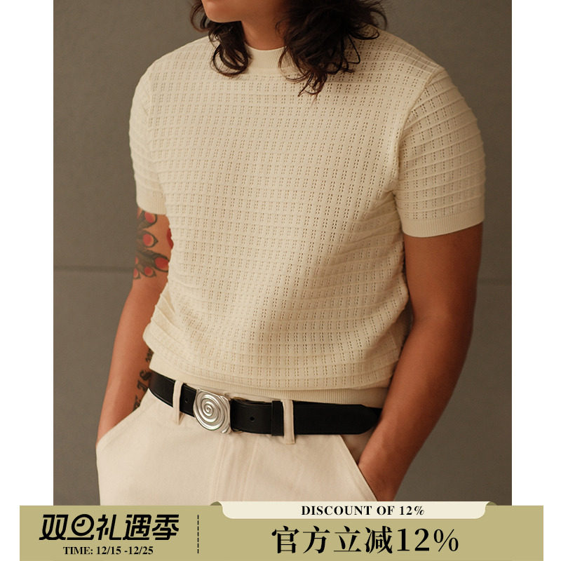 270G加密镂空老钱米白圆领复古绅士Rugged短袖针织衫 MBBCAR窄幅
