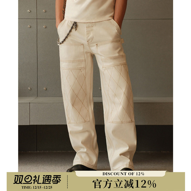 双膝14.7OZ机车井下705B米白原棉籽壳白胚阔腿工装牛仔裤 MMC窄幅