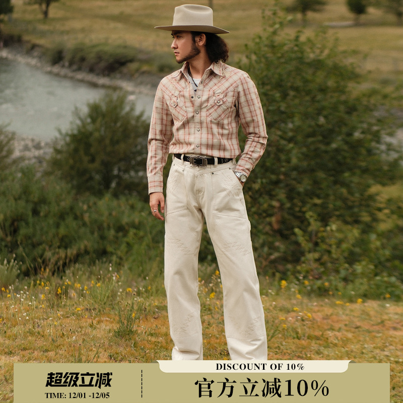 14OZ白胚棉印第安阿兹特克图腾705B双膝绣花伐木工裤MBBCAR窄幅