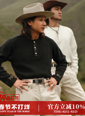 西部系列240G华夫格全棉水洗绣花 亨利领花卉长袖T恤 MBBCAR窄幅