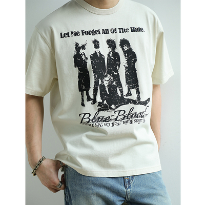 260G复古朋克摇滚视觉系剪影奶白做旧印花短宽短袖T恤MBBCAR窄幅