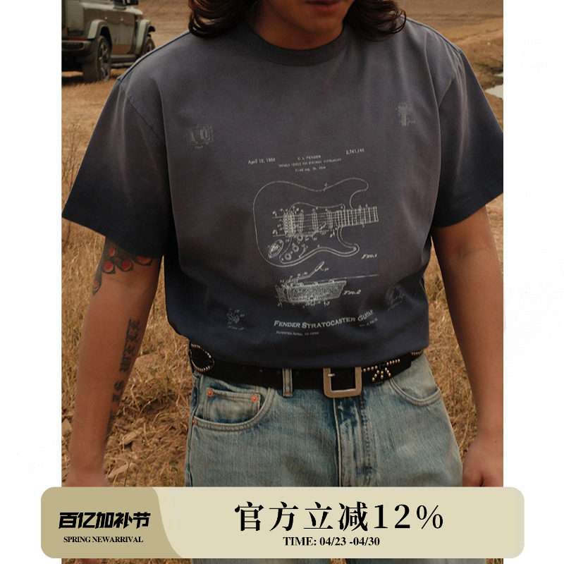 230G摇滚复古芬达电吉他VINTAGE褪色水洗做旧印花T恤 MBBCAR窄幅