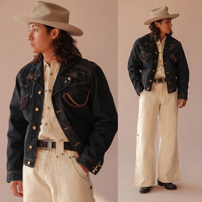 16.5OZ特深蓝绳染赤耳丹宁普洗原色100j骑士牛仔夹克 MBBCAR窄幅