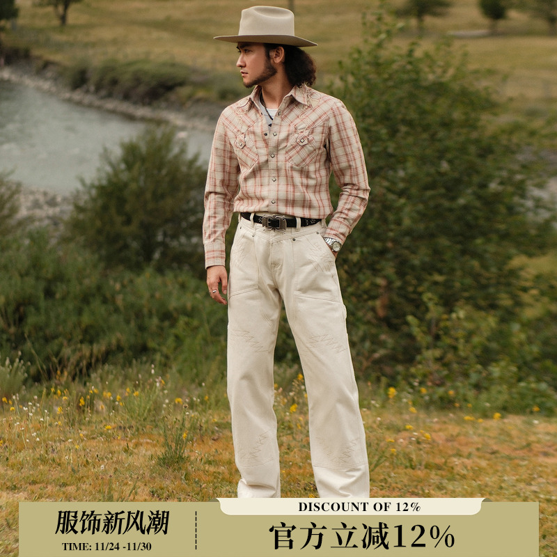 14OZ白胚棉印第安阿兹特克图腾705B双膝绣花伐木工裤MBBCAR窄幅