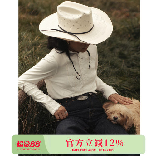 西部女士汉麻混纺绣花Bib-front胸襟手工压褶亨利衫MBBCAR窄幅