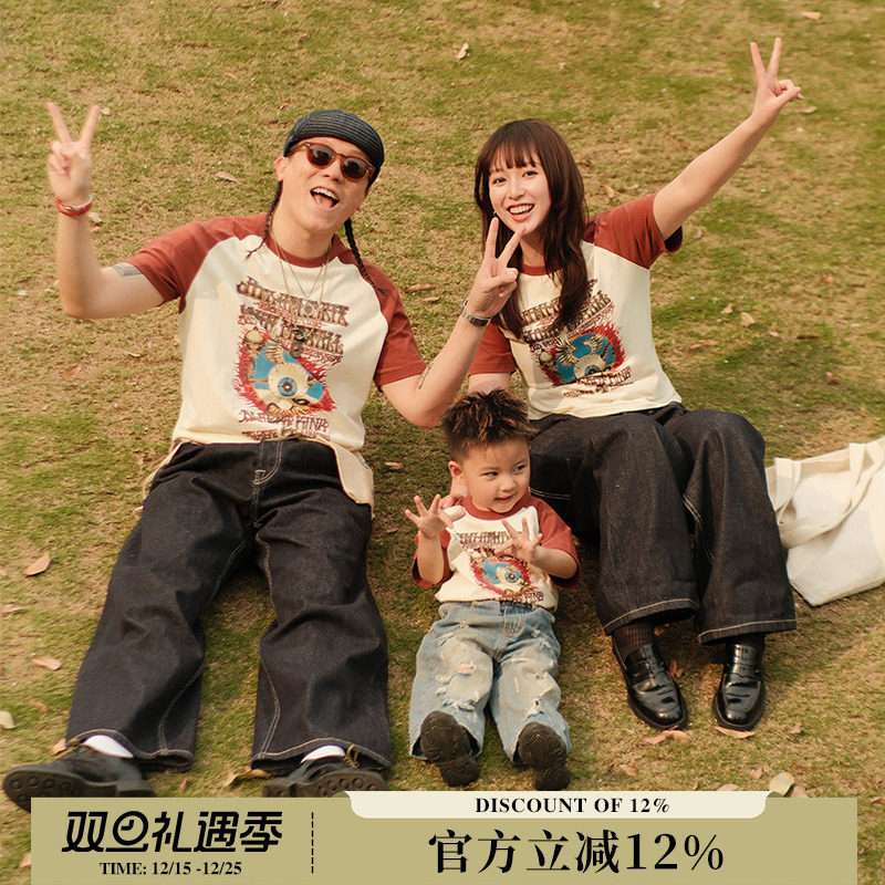 复古60s迷幻蓝调摇滚VonDutch海报擦肩袖亲子套装短袖 MBBCAR窄幅