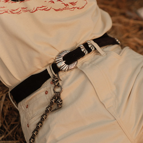 反绒牛皮双色镀银雕刻堂草花美式复古西部细款皮带MBBCAR窄幅