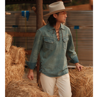 西部系列9.8OZ海盗领丹宁牛皮绑带复古半开襟衬衫 MBBCAR窄幅