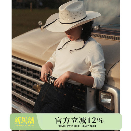 女士修身型基础款黑白汉麻混纺长袖圆领美式复古T恤衫 MBBCAR窄幅