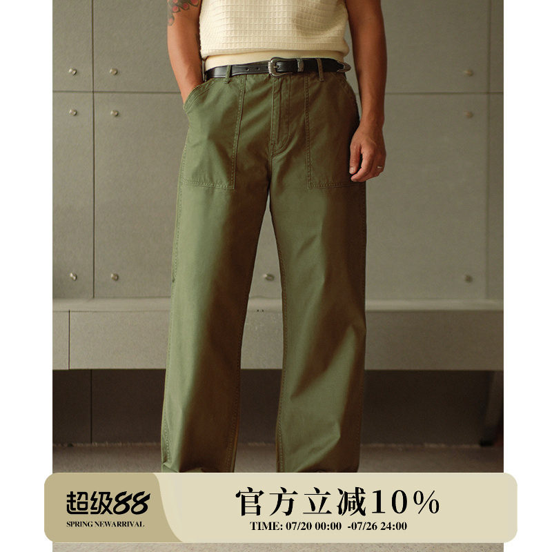 缎纹330G纯棉OG107橄榄绿705M宽松高腰工装阔腿裤 MBBCAR窄幅