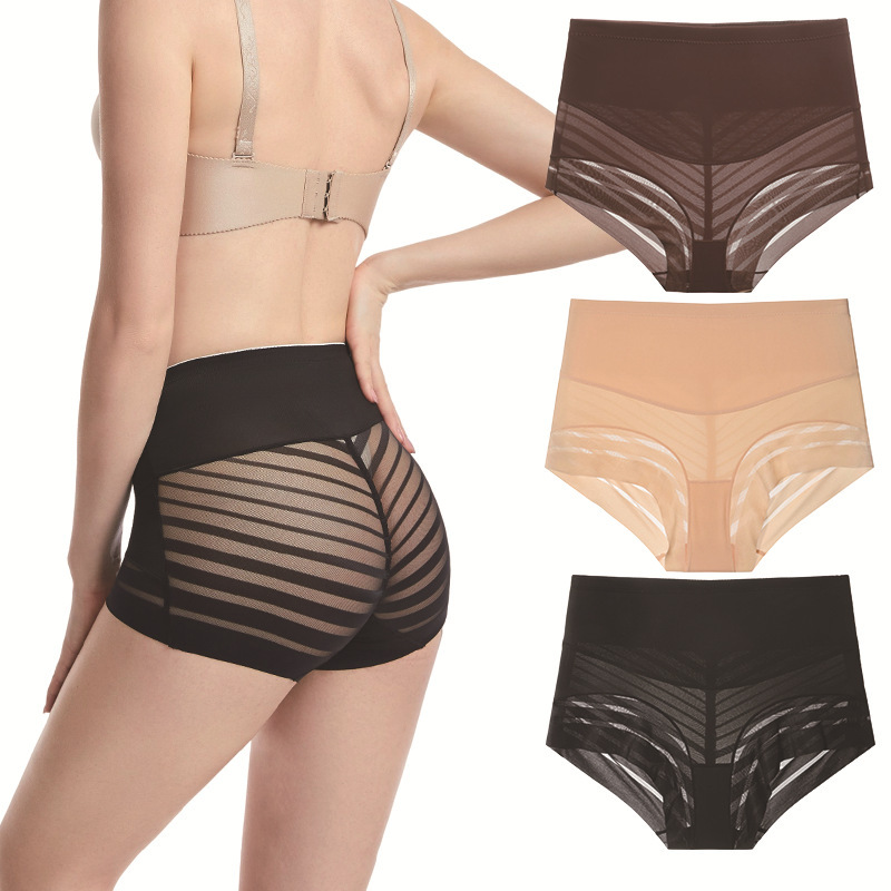 跨境大码中腰女三角裤条纹提臀网纱内裤束腰收腹舒适产后收腹裤强