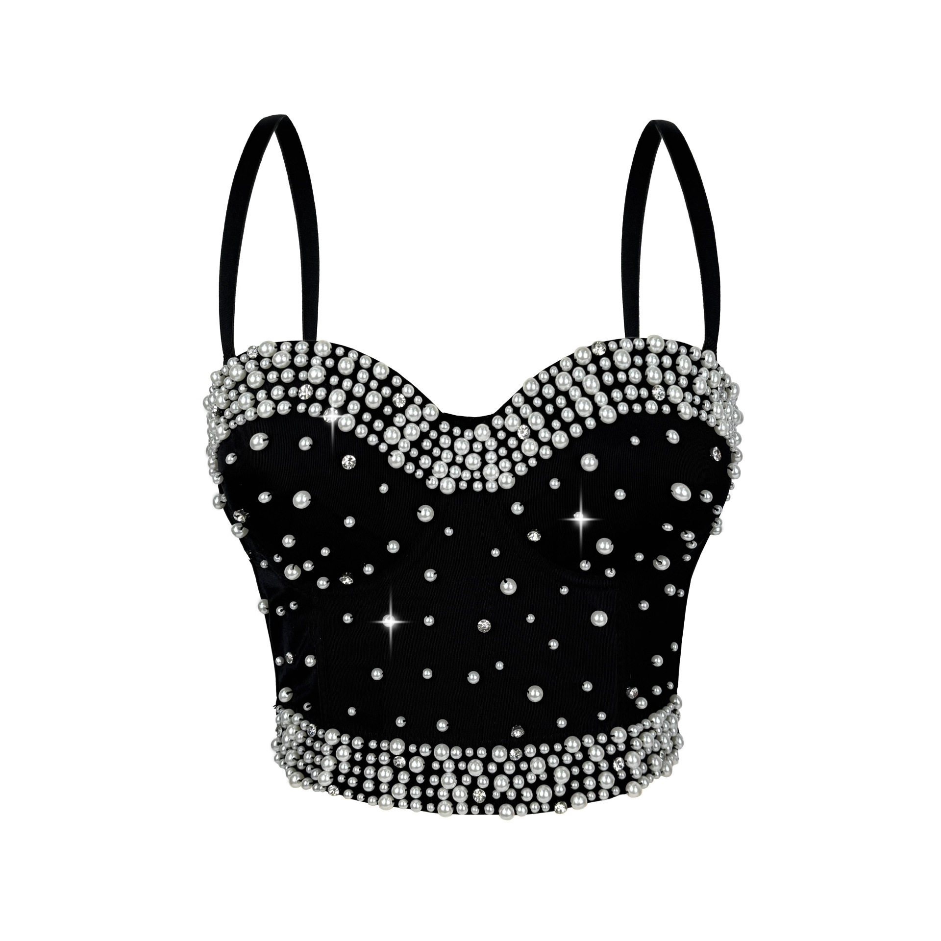 新款珍珠镶钻吊带抹胸圣诞春节闪钻鱼骨胸衣修身显瘦上衣节日搭配