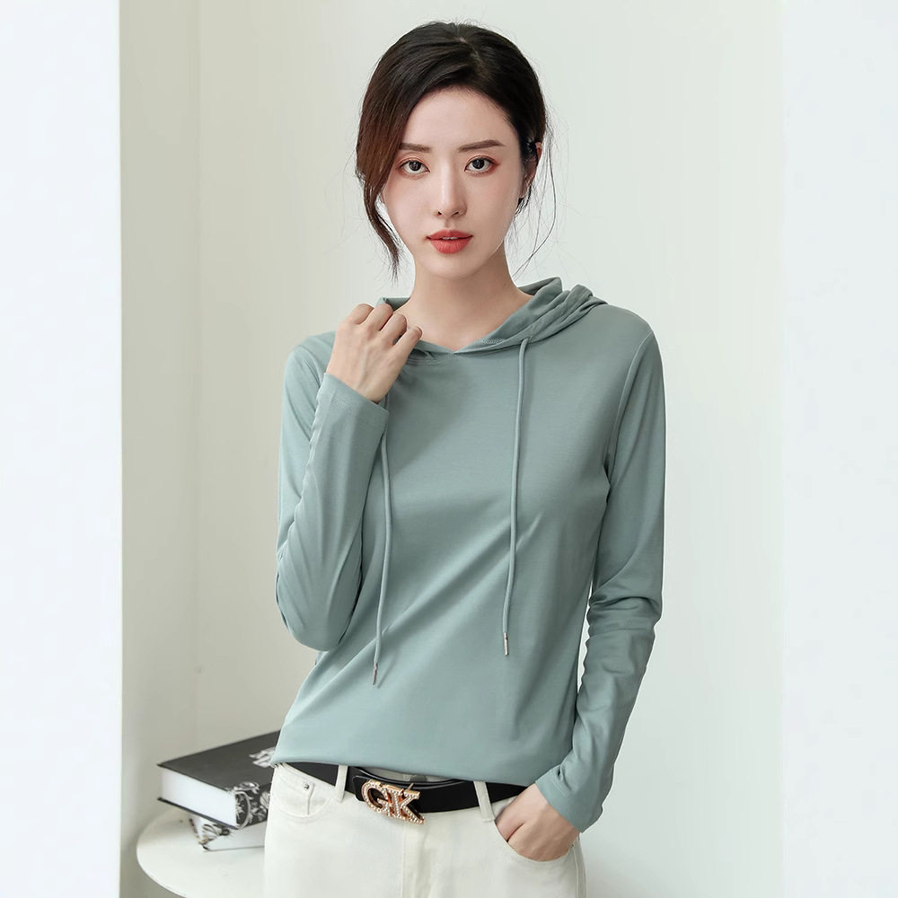 女丝光棉连帽卫衣T恤女2026春装新款纯棉百搭轻奢薄款时尚打底衫