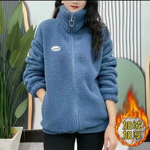 中青年加绒加厚颗粒绒外套女宽松立领纯色羊羔毛休闲减龄短款卫衣