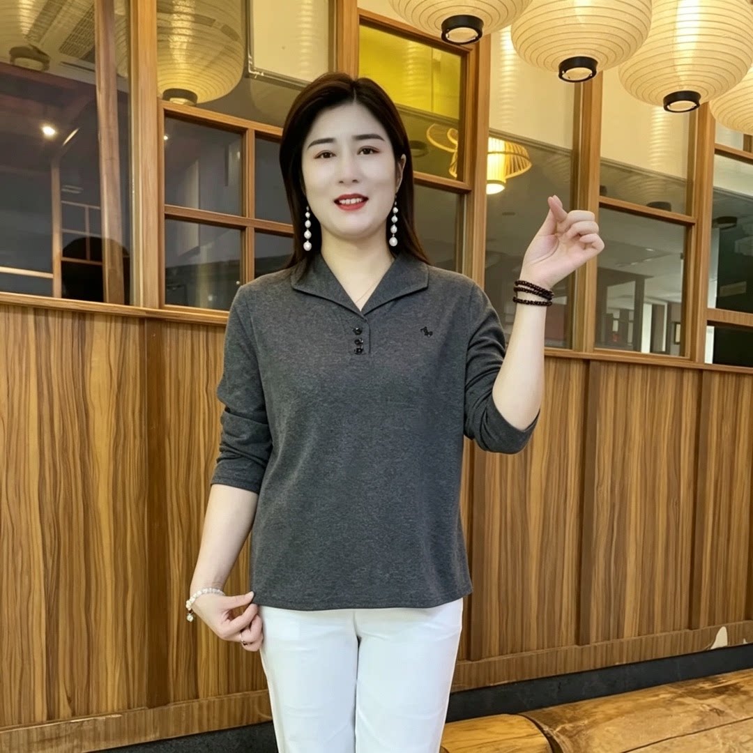 直播款~秋季妈妈装长袖T恤翻领小衫休闲简约中老年女装春秋打底衫