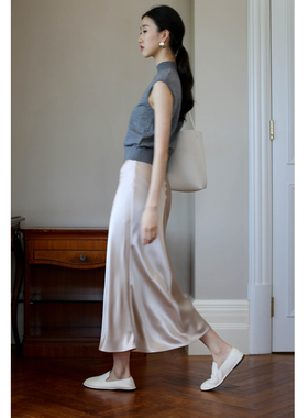 光面醋酸百搭高腰显瘦杏色中长款舒适半身裙23225