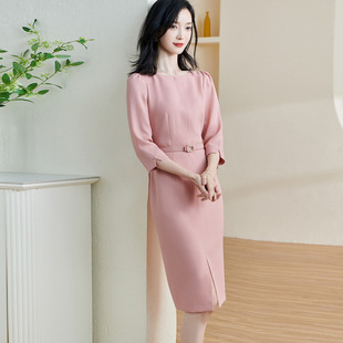 2023名媛高端气质时尚优雅纯色通勤裙子女修身开叉知性优雅连衣裙