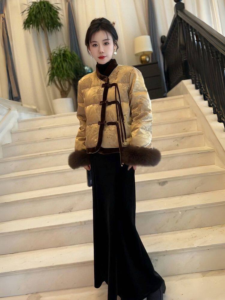 新中式中国风棉服高档外套女2025冬季爆款盘扣棉衣半身长裙两件套