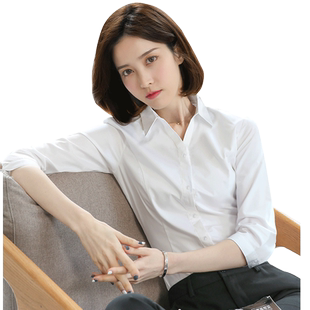 竹纤维V领七分袖白衬衫女半袖新款职业正装中袖工装女士白色衬衣