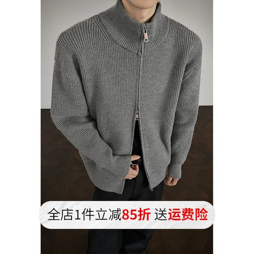 立领拉链毛衣外套男女款早秋季设计感纯色修身美式复古针织衫潮牌