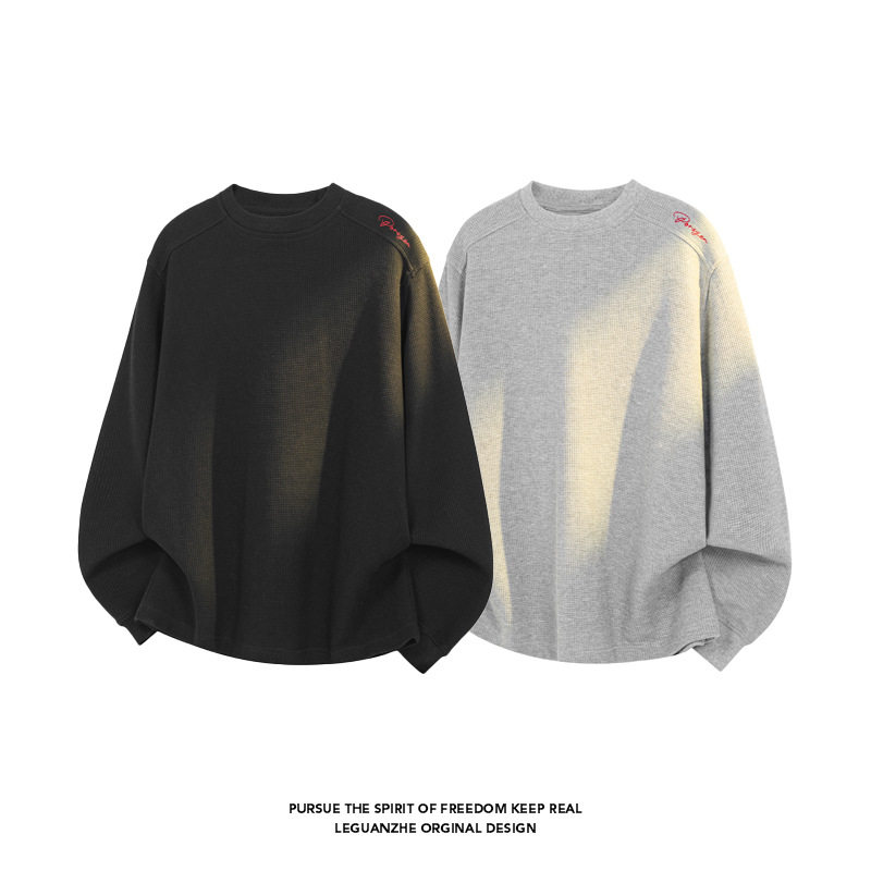 美式潮牌蜂窝格刺绣圆领卫衣男春秋季重磅大码正肩长袖T恤打底衫,男装,T恤,淘宝优惠券,粉丝福利购,淘宝优惠卷