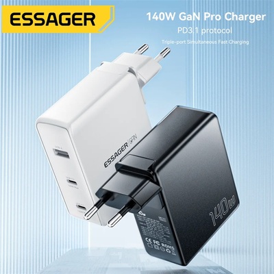 Essager 140W GaN USB Type C Charger Laptop氮化镓港版英标欧规快充充电器适用于iPhone15 Macbook Air M2