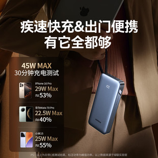 绿联UGREEN 45W Power Bank 3C认证充电宝自带线20000毫安大容量
