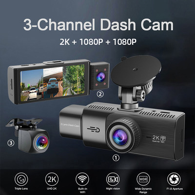 3 Camera 2K Car DVR 1440P 3-Lens Vehicle Dash Cam Recorder