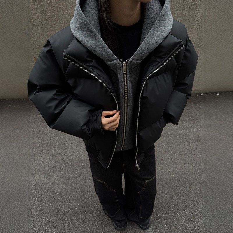 假两件PU皮棉服男款冬季cleanfit感短款夹克棉衣加厚外套男女棉袄