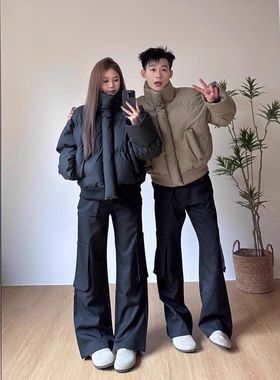 ZH美式冬季复古PU皮宽松短款棉服男女立领高级加厚外套情侣棉衣