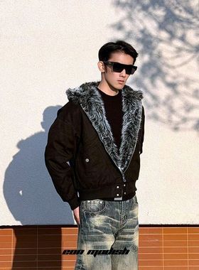 ZH25冬季实拍美式复古座山雕棉服外套加厚保暖毛毛外套短款男女